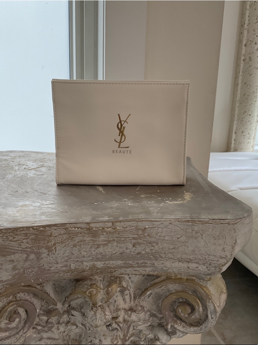 Yves Saint Laurent Cream Cosmetic Pouch with Gold Logo